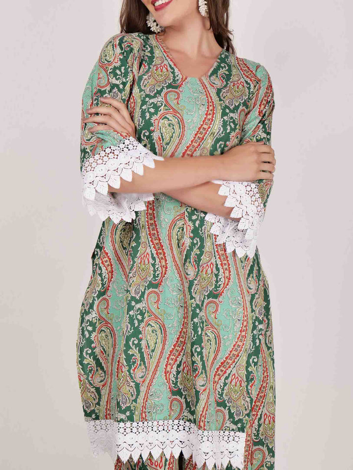 Elegant Paisley Print Lace-trimmed Wide-leg Pants