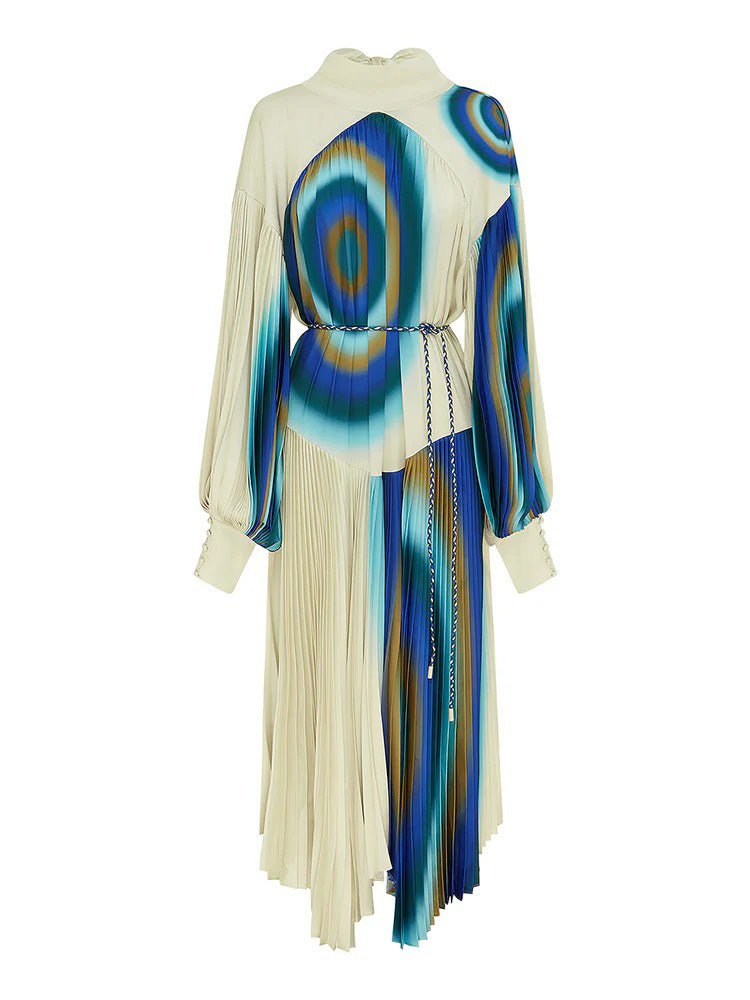 Exquisite Abstract Wave Print Pleated Maxi Dress