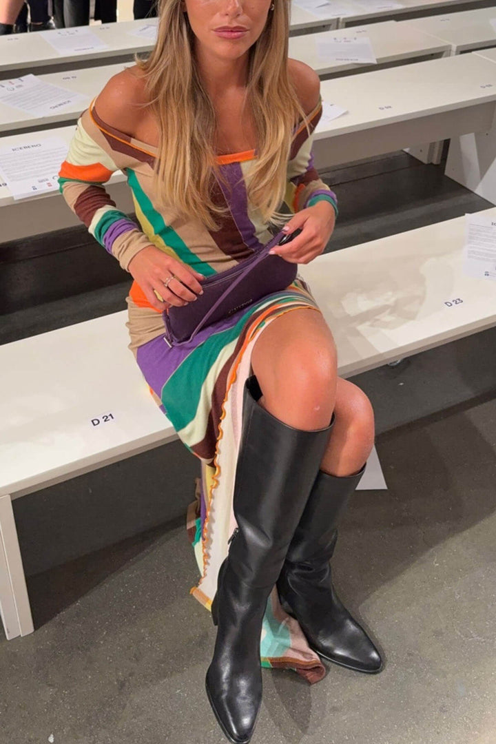 Fashion Multi-colored Long-sleeved Slim-fit Slit Maxi Dress