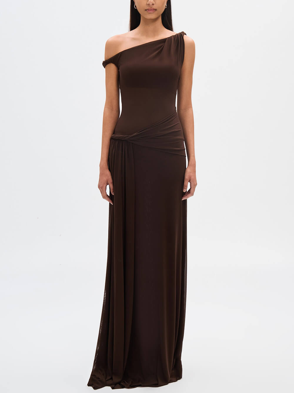 Elegant And Sexy Draped Silhouette Mesh Maxi Dress