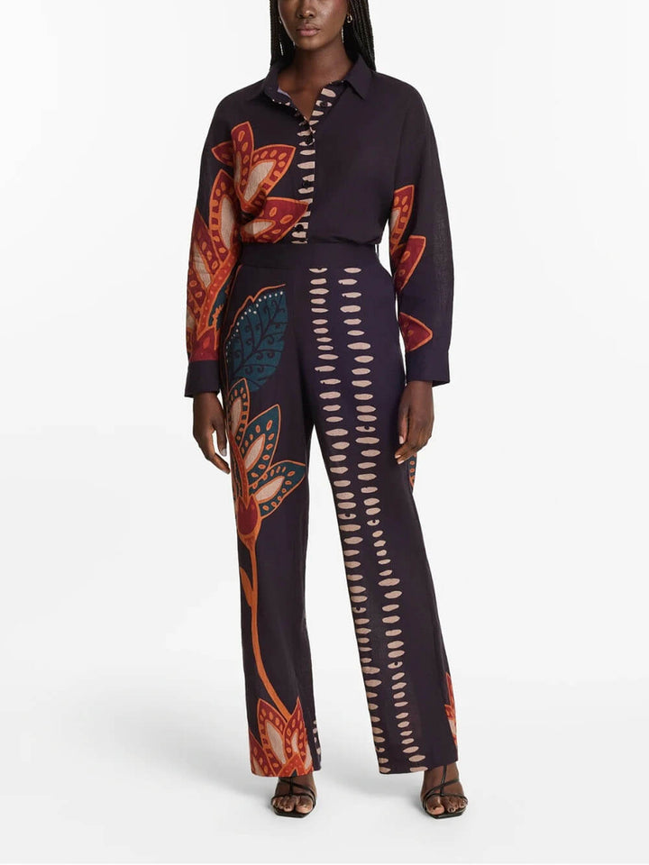 Exquisite Floral Print Linen Elastic Waist Loose Pocket Trousers