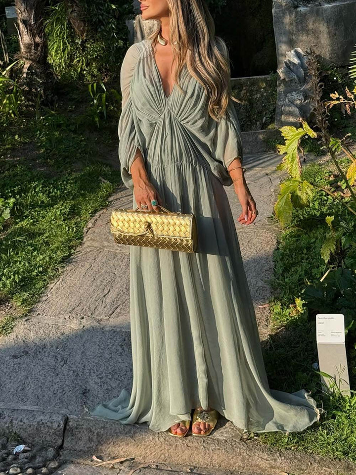 Beautifully Pleated Draped V-Neck Batwing Sleeve Maxi Dress