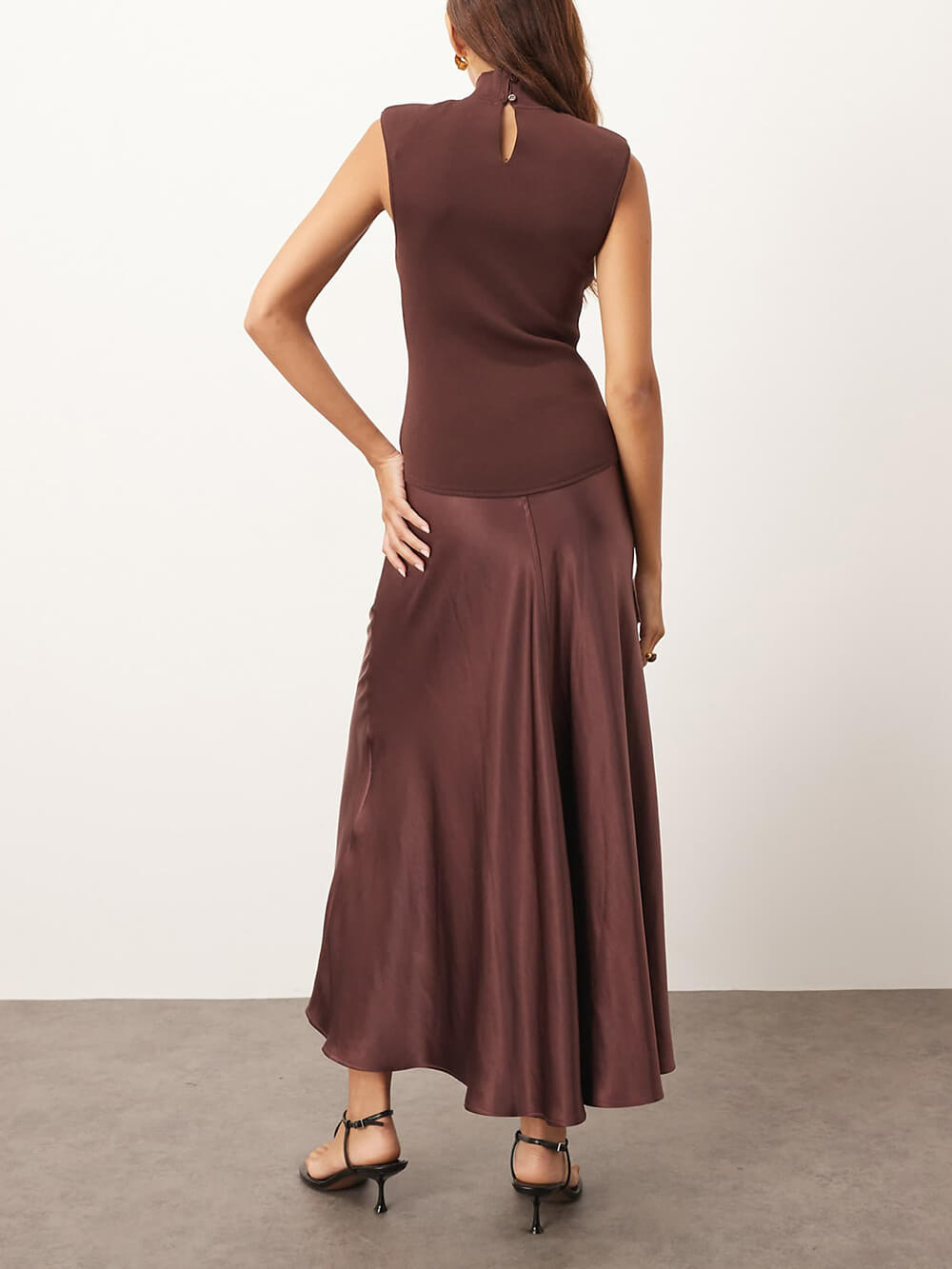 Elegant Knitted Satin Spliced Low-Waist Midi Dress