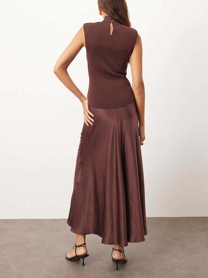 Elegant Knitted Satin Spliced Low-Waist Midi Dress