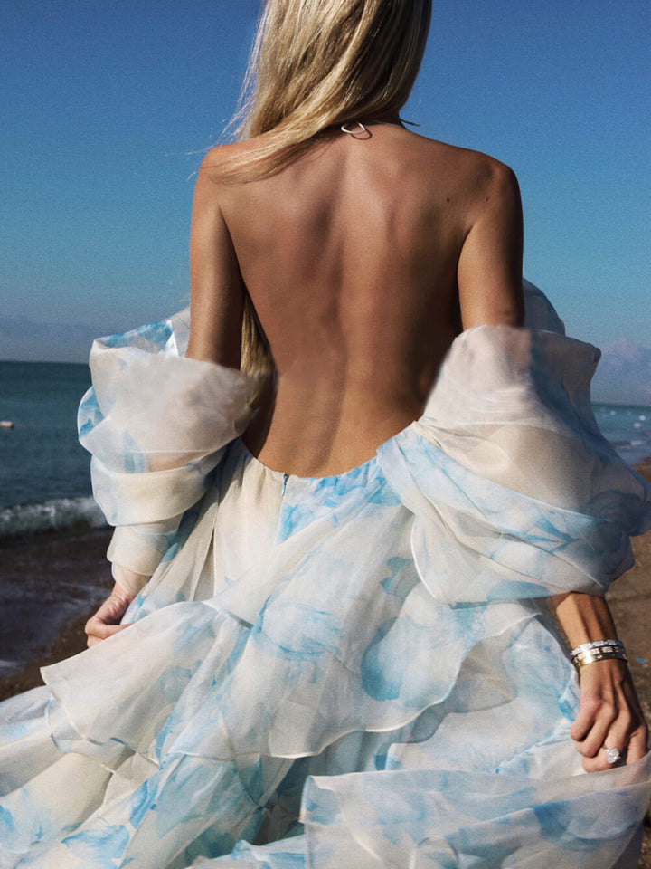 Elegant Printed Layered Asymmetrical Backless Maxi Dress