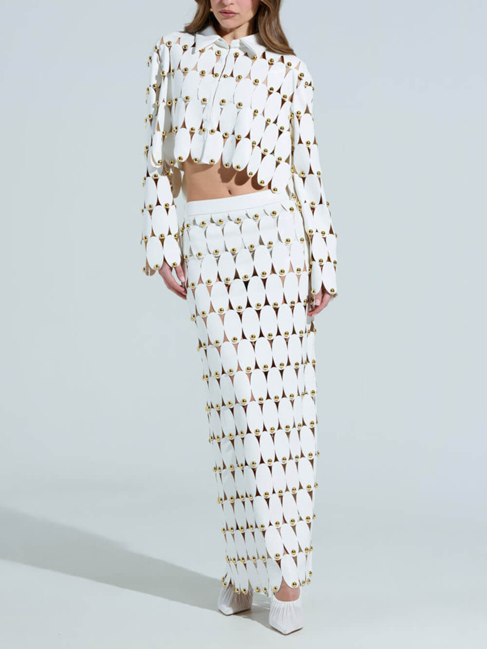 Exquisite Cut-Out Studded PU Maxi Skirt