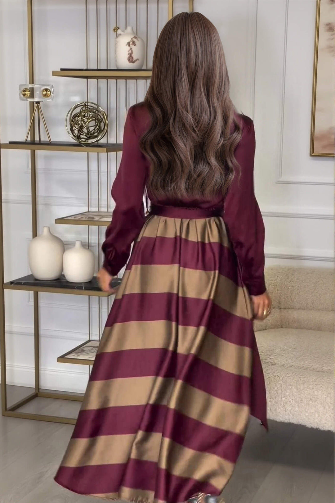 Exquisite Red Striped Print Patchwork Collared Maxi Dress