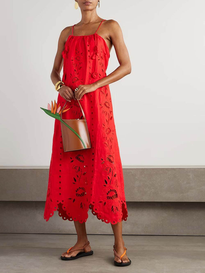 Elegant Lace-Trim Crochet Linen-Blend Midi Dress
