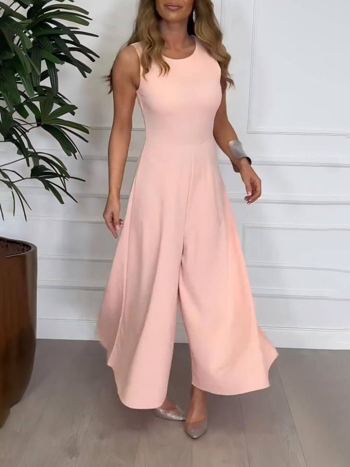 Classic And Elegant Solid Color Round Neck Flared Jumpsuit