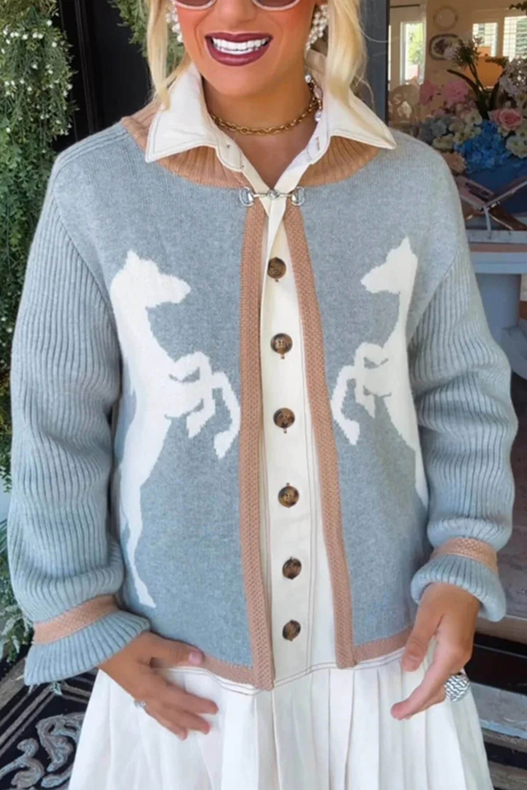 Fashion White Horse Pattern Casual Long-sleeved Knitted Cardigan