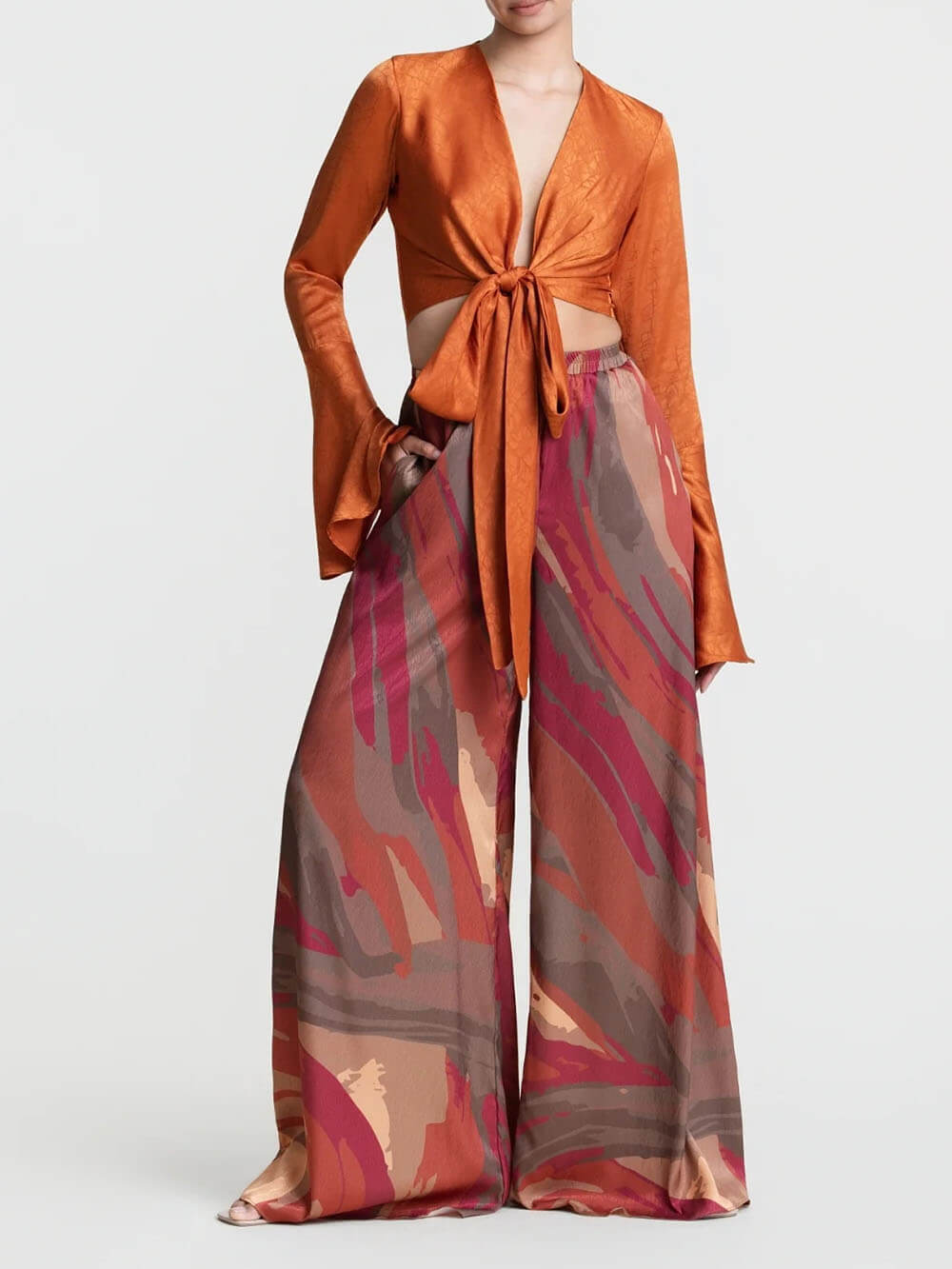 Casual Bell-Sleeve Wrap-Up Tie-Down Top