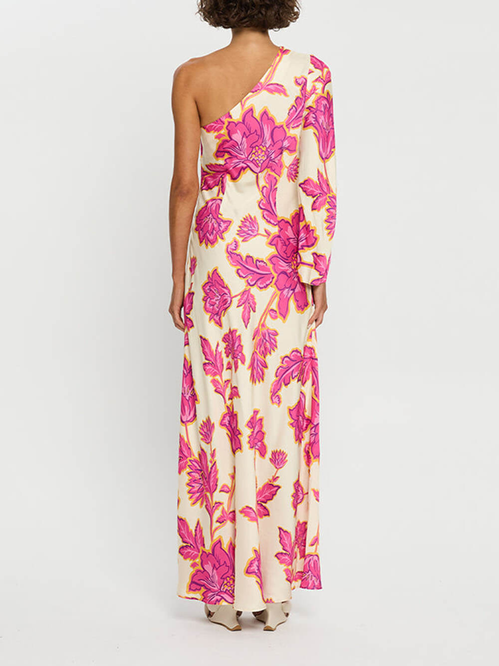 Unique Satin Floral Print One Shoulder Flared Maxi Dress