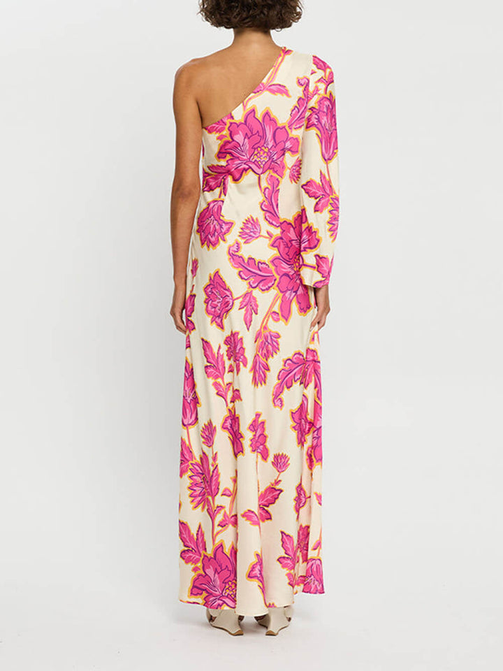 Unique Satin Floral Print One Shoulder Flared Maxi Dress