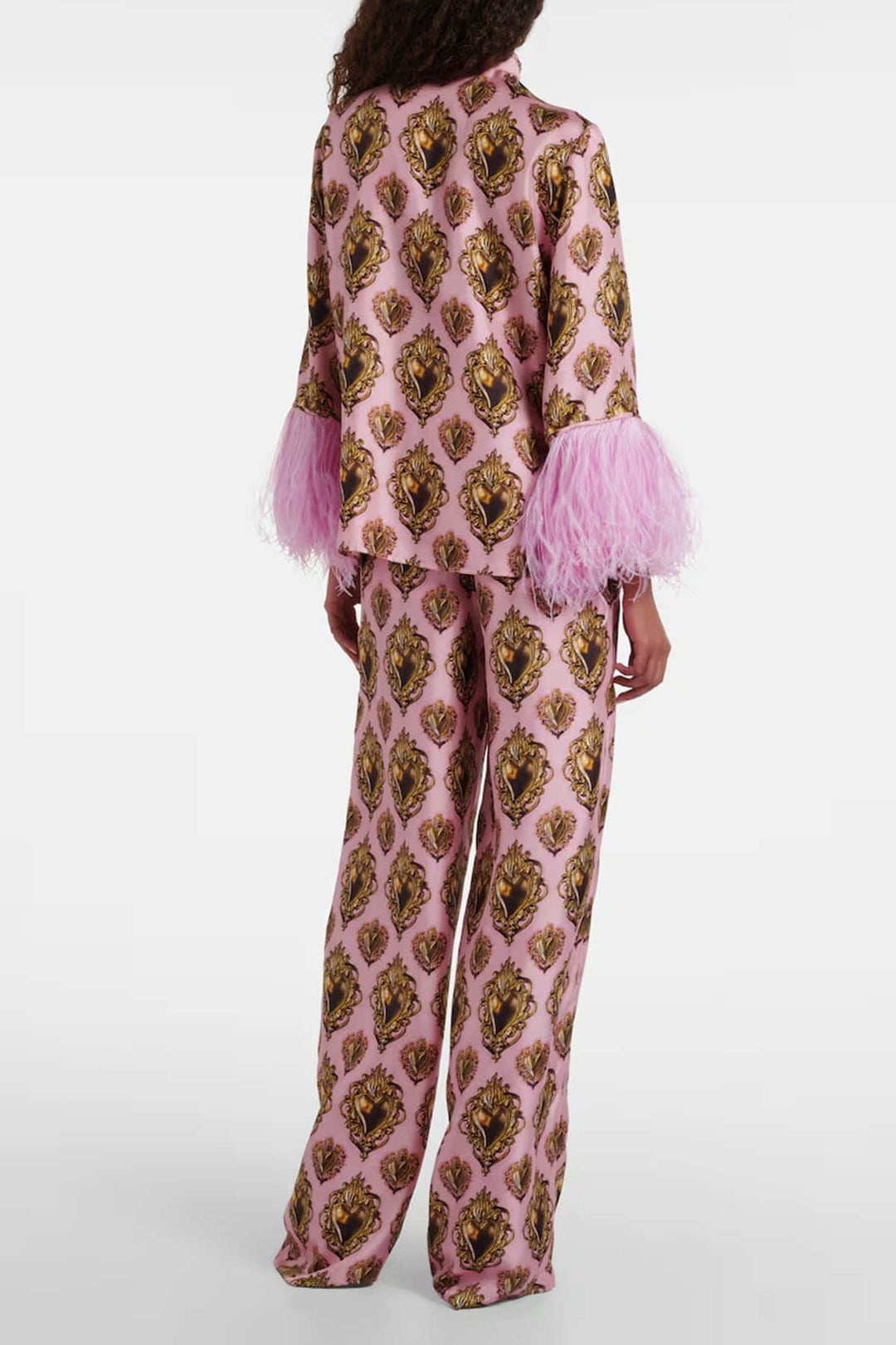 Exquisite Feather-Trimmed Printed Satin Blouse