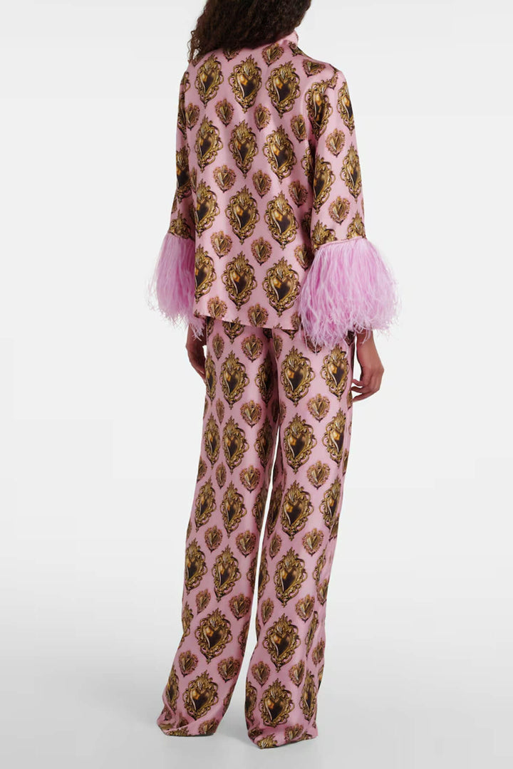 Exquisite Feather-Trimmed Printed Satin Blouse