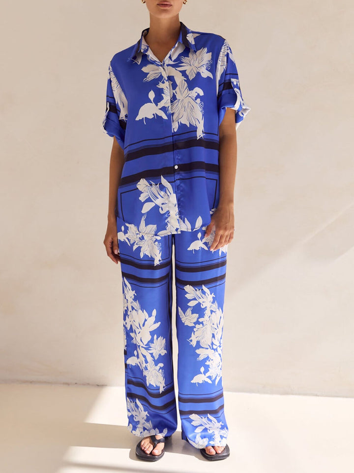 Casual Unique Satin Floral Print Elastic Waistband Drawstring Pocket Wide Leg Pants