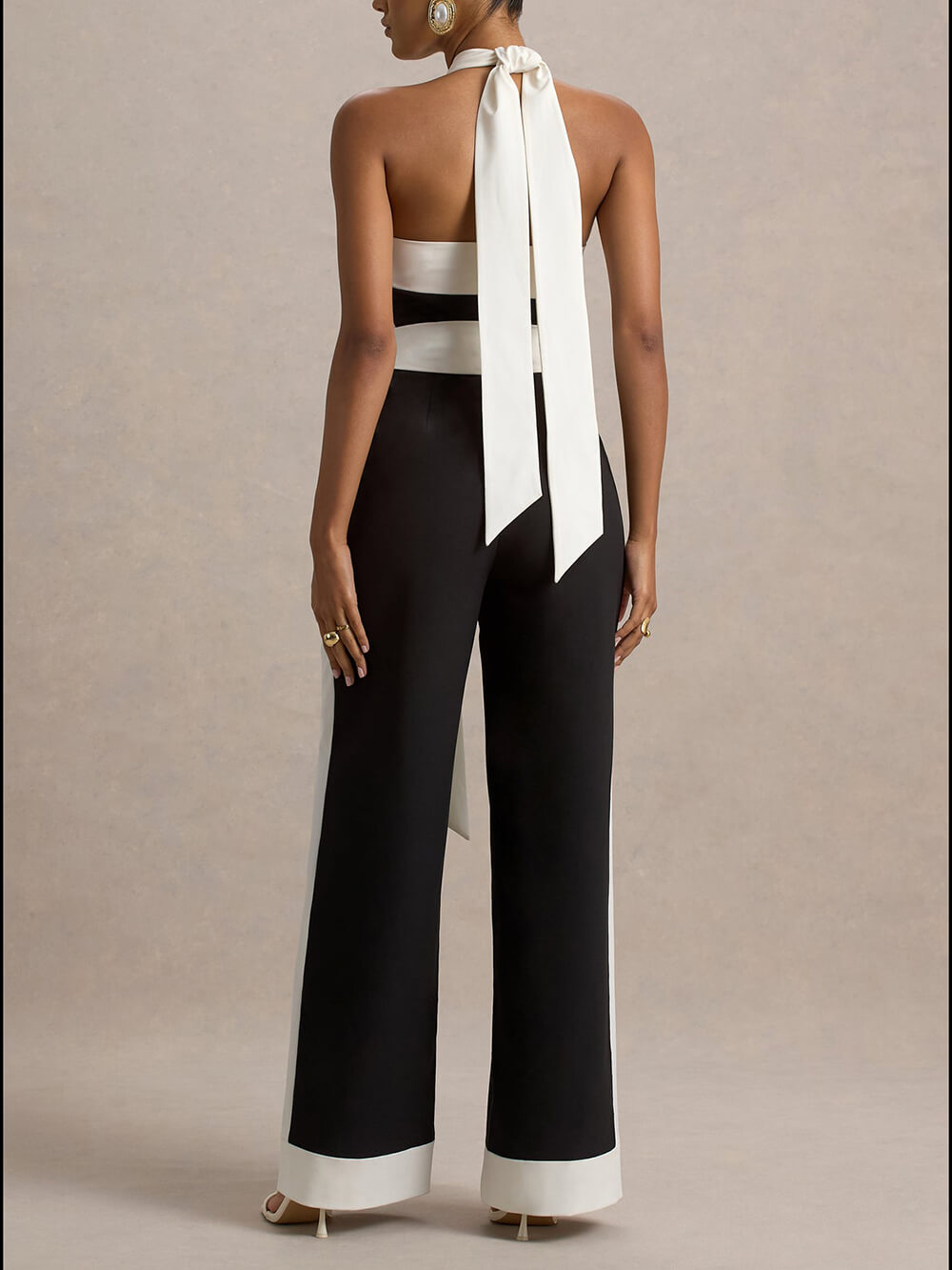 Elegant Black & White Halter-Neck Wide-Leg Jumpsuit