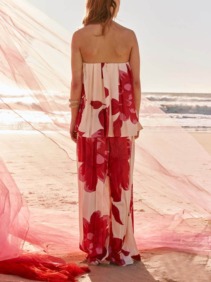 Elegant Printed Satin Ruched Pocket Wide-Leg Pants