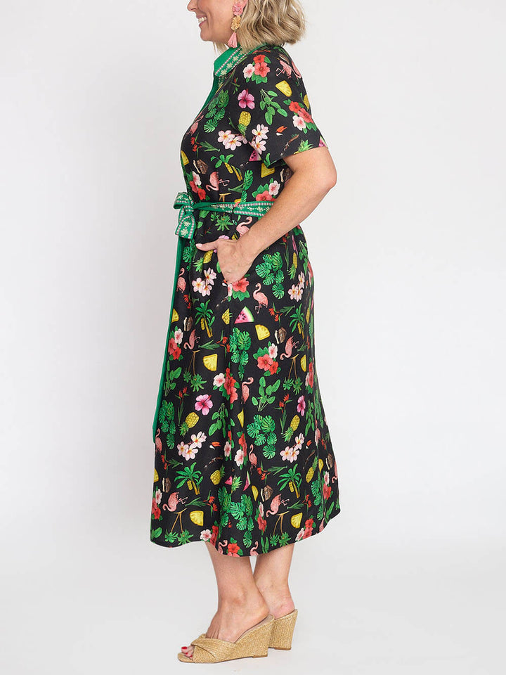 Modern Fruity Floral Unique Print Loose Tie Midi Shirtdress