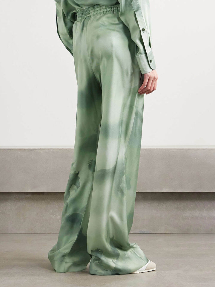 Chic Satin Oversized Printed Twill Elastic Waist Tie Pocket Pants