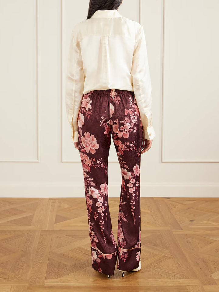 Exquisite Floral Print Satin Piped Straight-Leg Pants