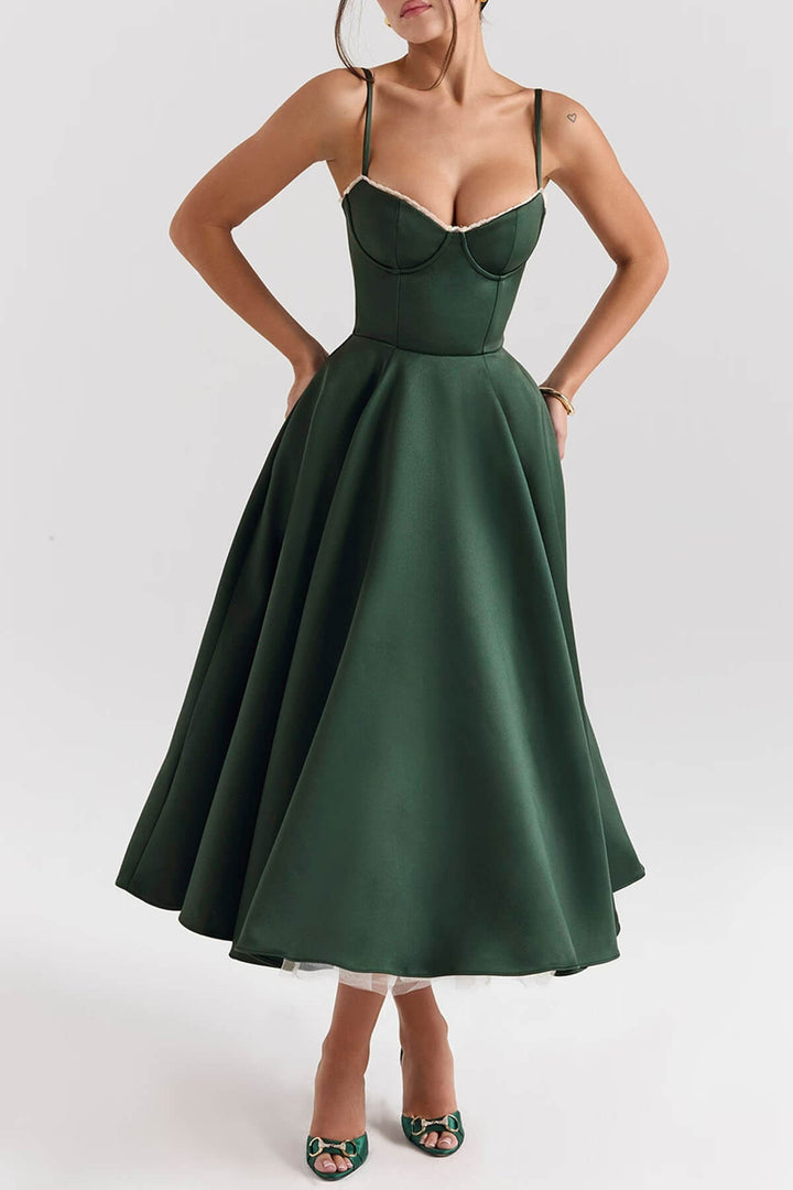 Elegant Satin Tulle Backless Midi Dress
