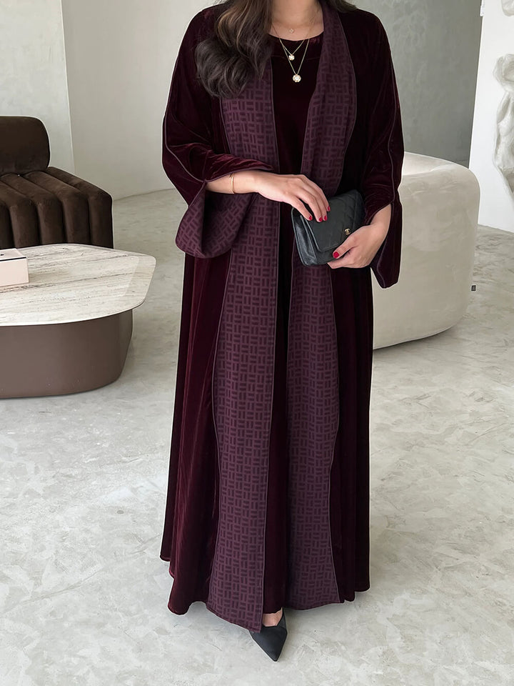 Elegant Burgundy Printed Velvet Robe Cardigan