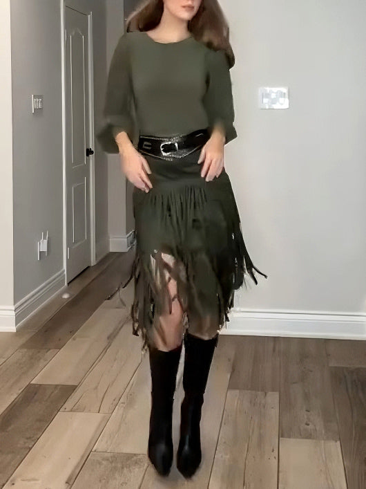 Elegant High-waisted Tassel Skirt Two-piece Set