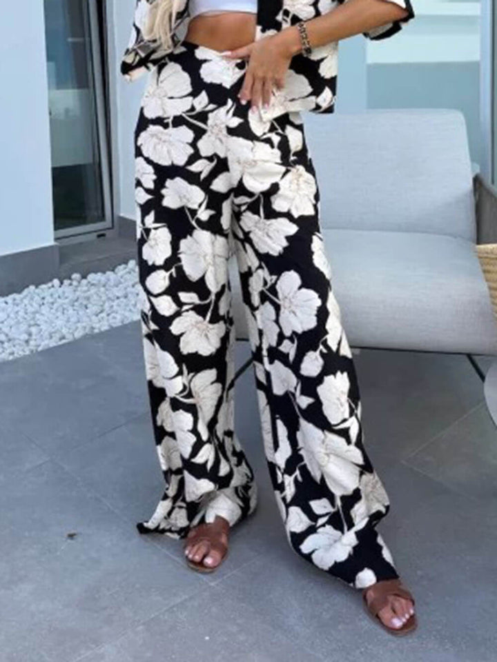 Modern Casual Satin Floral Print High Waist Pocket Wide Leg Pants