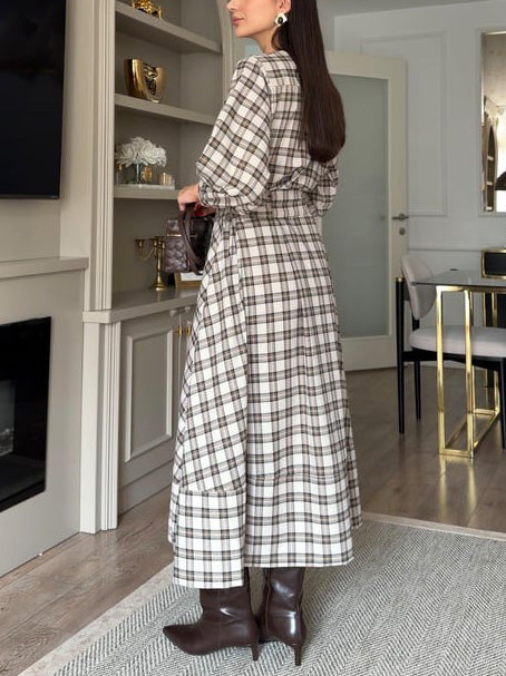 Casual Plaid Print Belted Maxi Dress