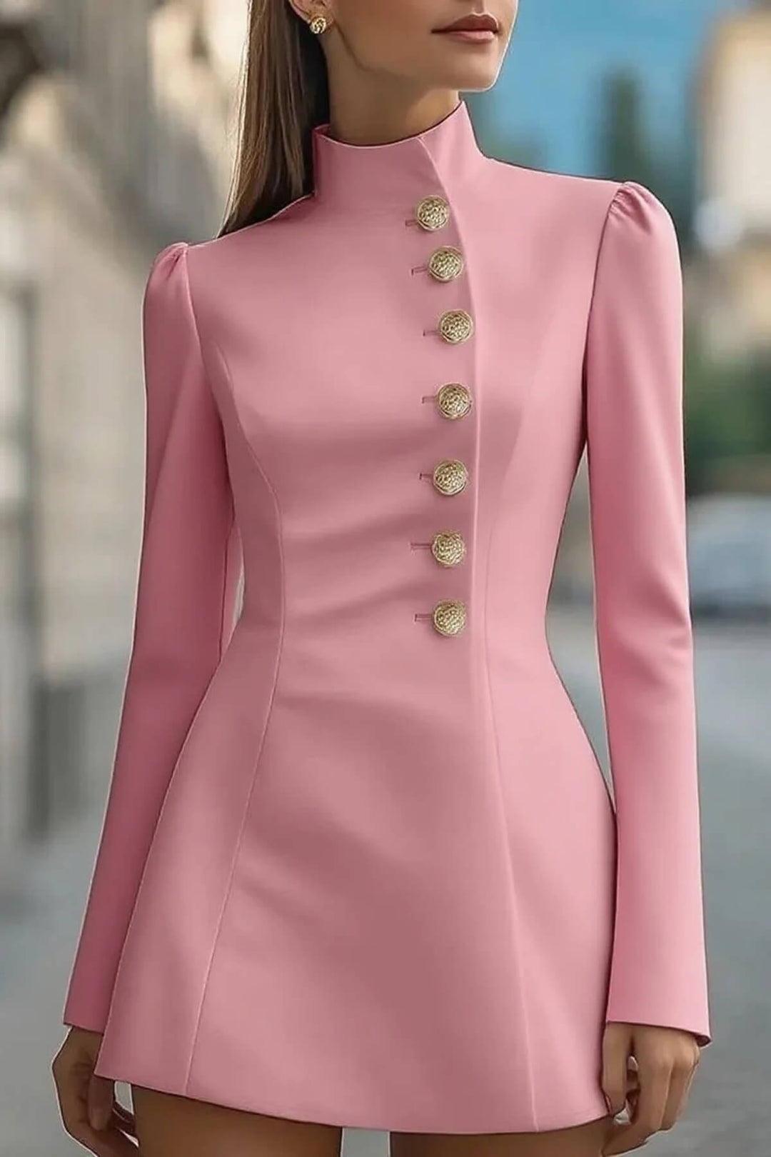 Elegant Retro High-Neck Metal Button Party Mini Dress