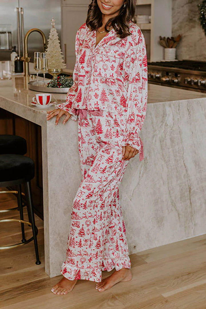 Christmas Print Satin Loose Shirt and Elastic Waist Pocketed Pajama Set