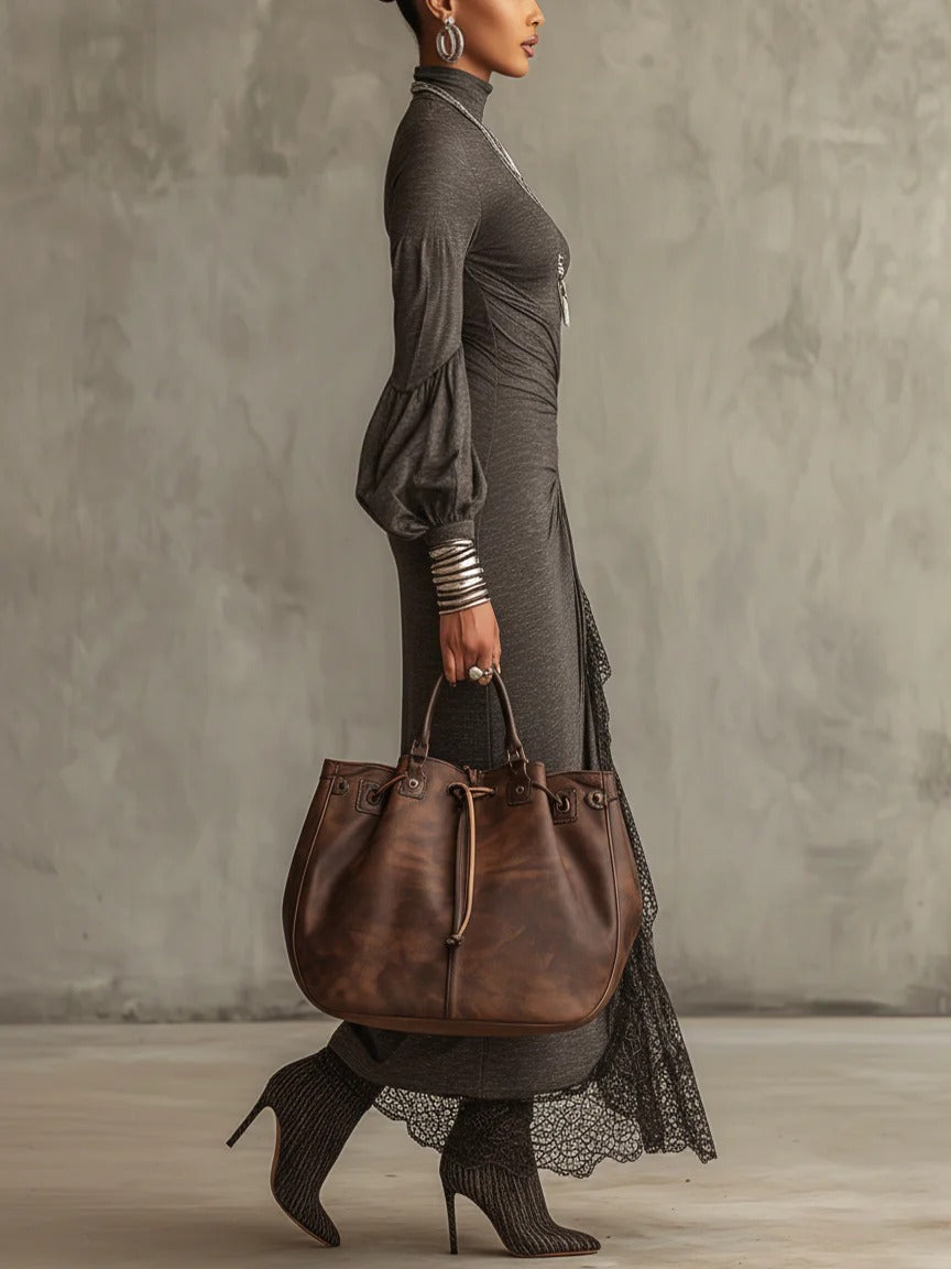 Elegant Puff-sleeved Knitted Lace Maxi Dress