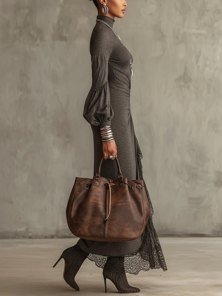 Elegant Puff-sleeved Knitted Lace Maxi Dress