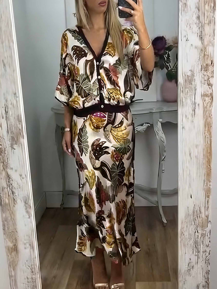 Retro Jungle Palm Leaf Satin Print Two-Piece Set