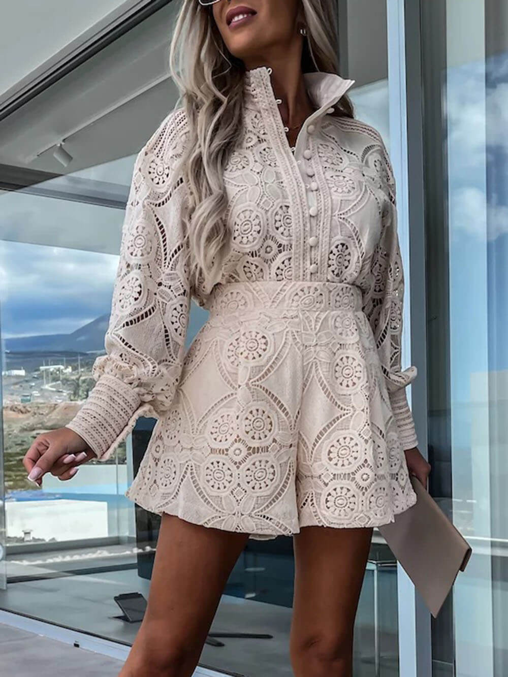 Casual Style Unique Single-Breasted Stand-Up Collar Lace Shorts Suit