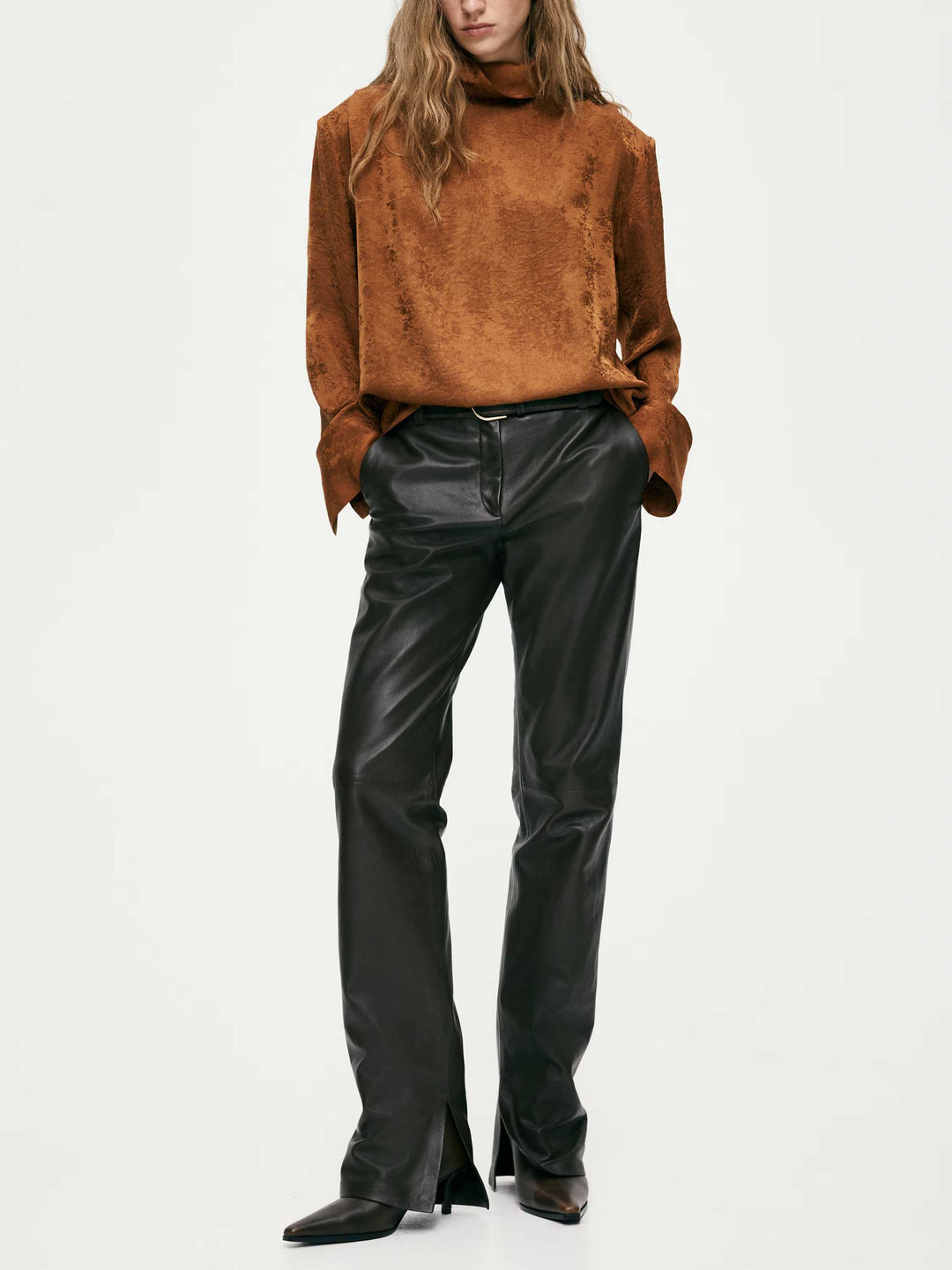 Elegant Satin High-Neck Long-Sleeve Blouse