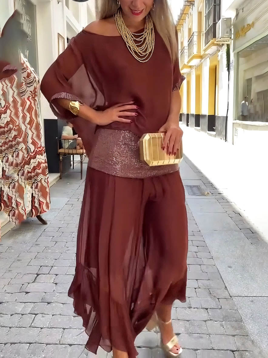 Elegant See-through Sequined Wide-leg Chiffon Pants