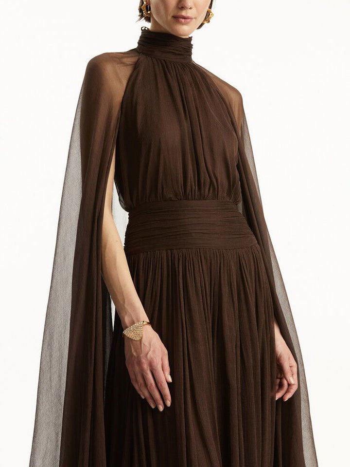 Elegant Draped Cape-style Pleated Maxi Dress