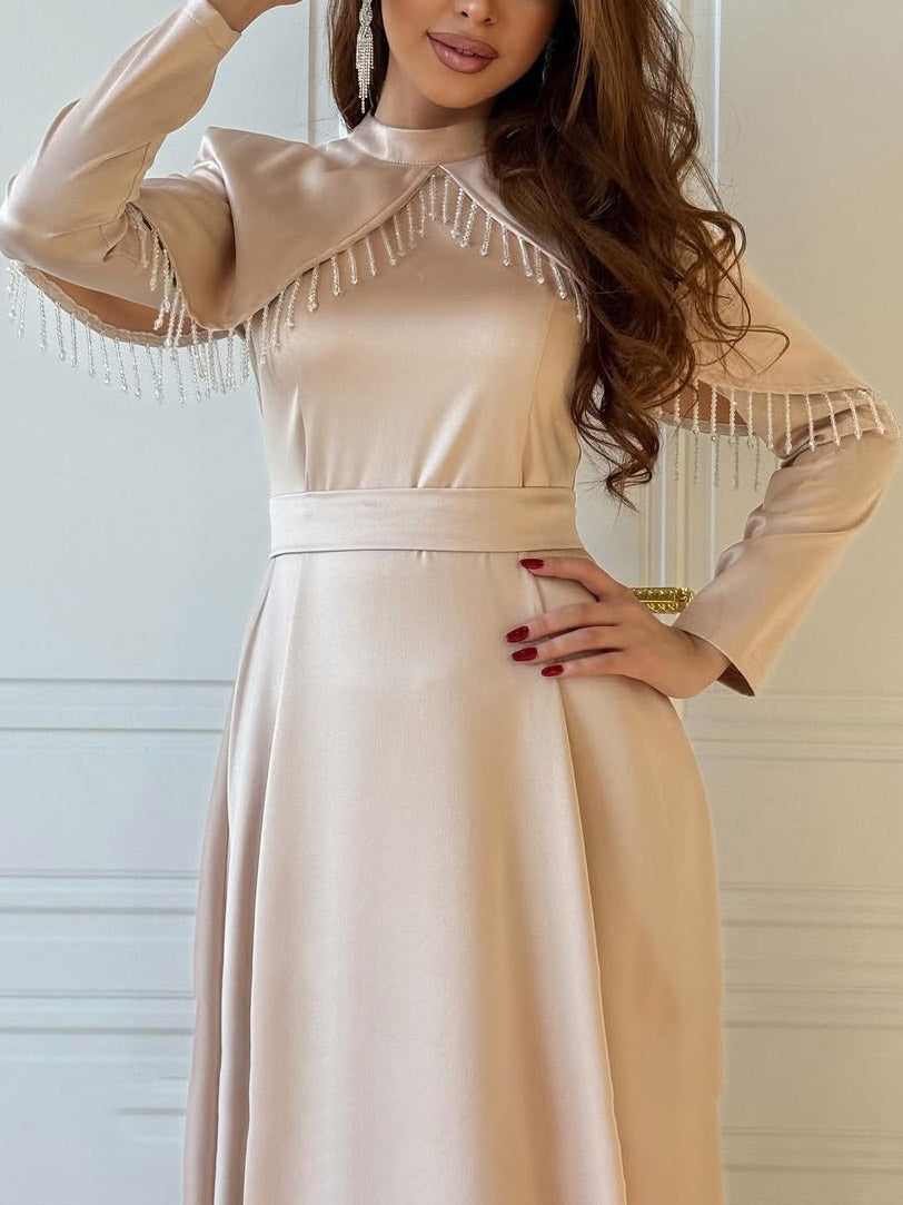Elegant Satin Cape-Detail Long-Sleeve Maxi Dress