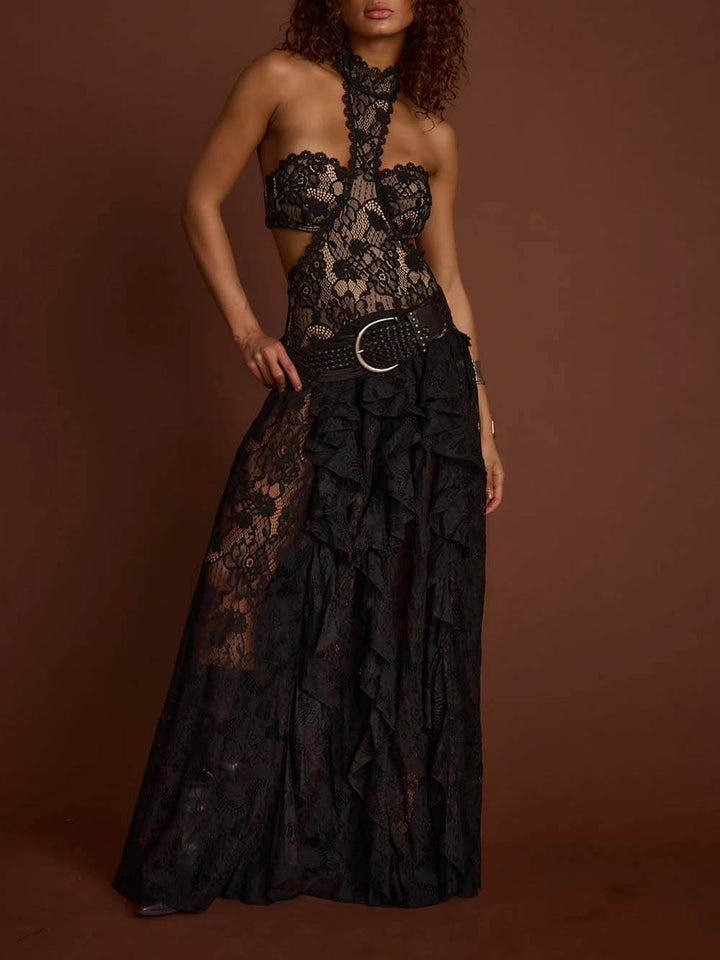 Delicate Lace High-Neck Cut-Out Ruffle Maxi Dress