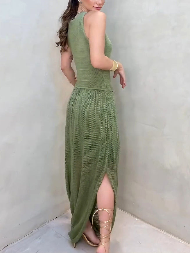 Unique Split-hem Cutout Knit Sleeveless Maxi Dress