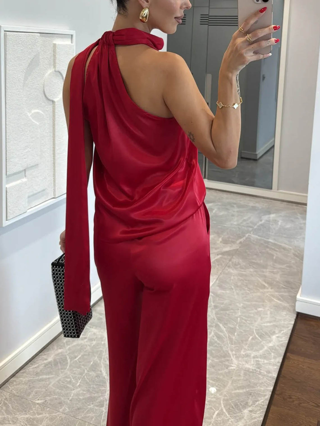 Elegant Satin Ribbon Neckline Top And Pants Two-piece Set
