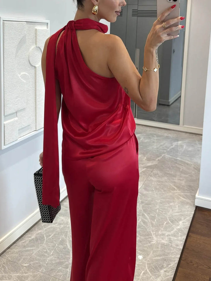 Elegant Satin Ribbon Neckline Top And Pants Two-piece Set