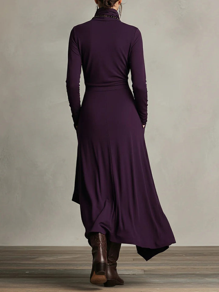 Elegant High-Neck Draped Asymmetrical Maxi Dress