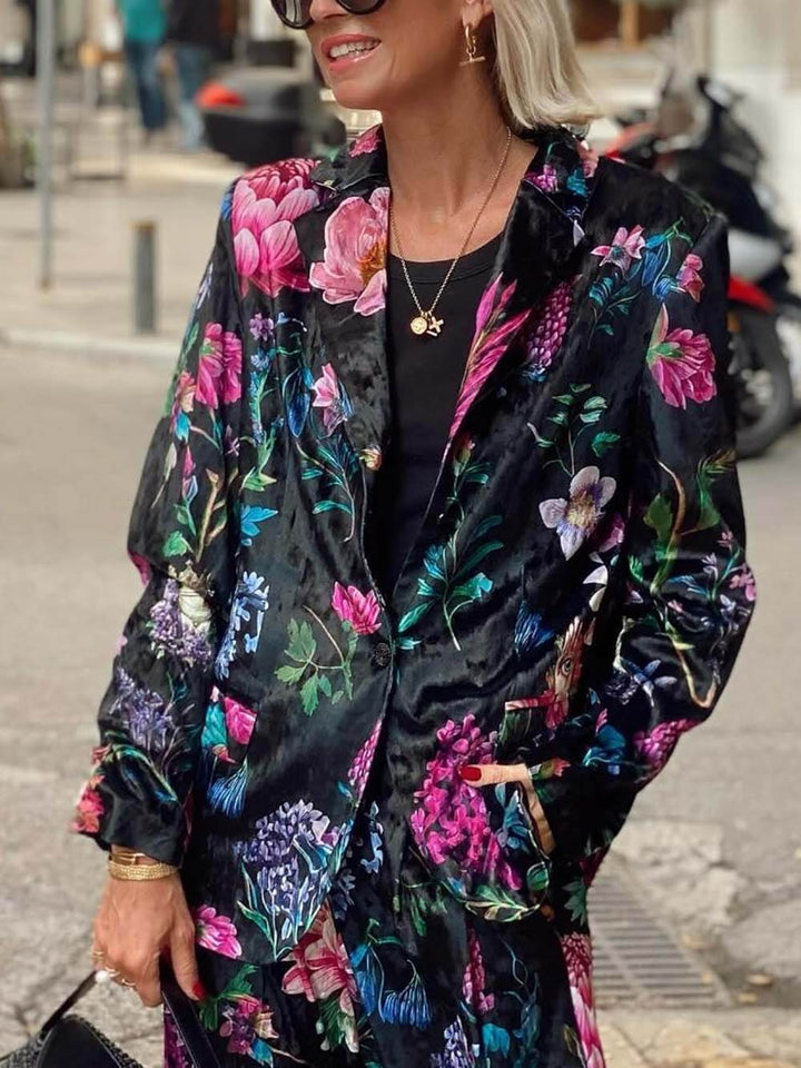 Retro Floral Print Elastic Waist Pocket Wide-Leg Pants