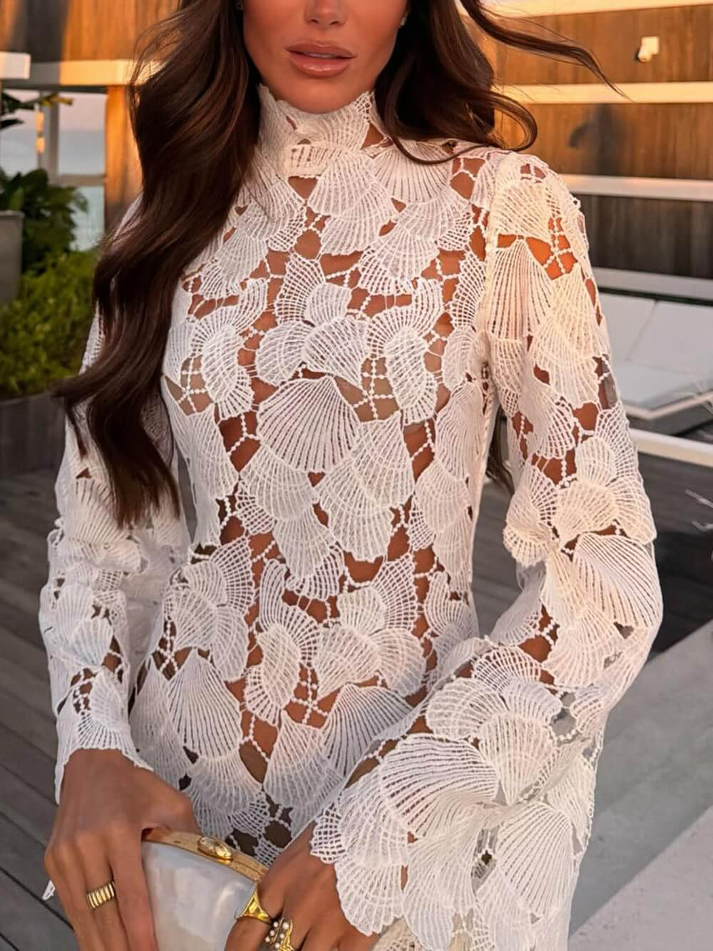 Elegant Lace Cut-Out Bell Sleeve Mini Dress