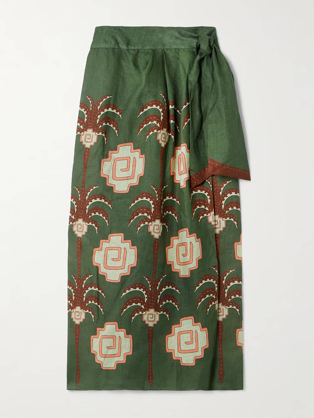 Retro Palm Tree Print Linen Wrap Midi Skirt