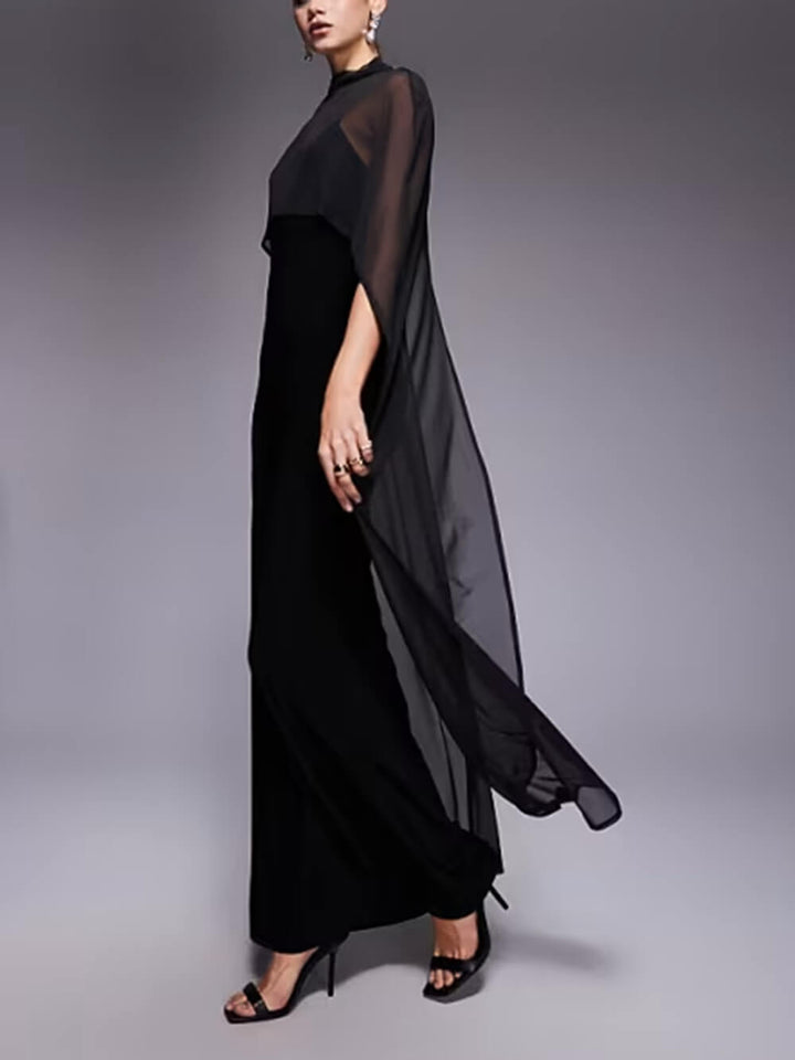 Sexy Black V-neck Sleeveless Sheer Fit Shawl-Style Spaghetti Strap Maxi Dress