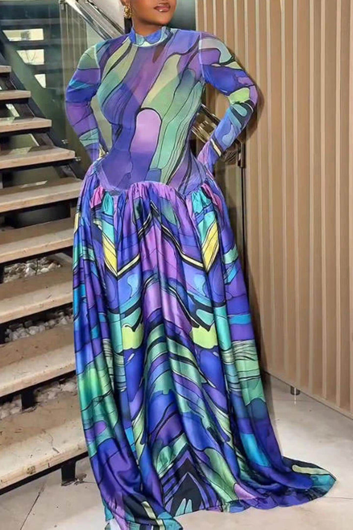 Unique Artistic Print Ruched Maxi Dress